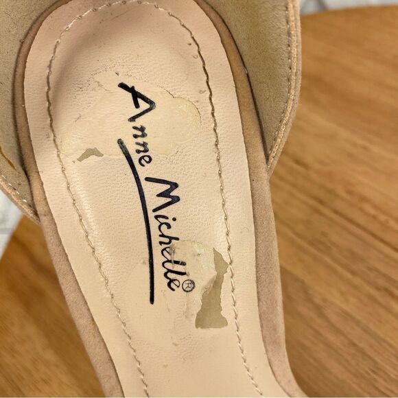 Anne Michelle Enzo Rhinestone Faux Suede Strappy Heels Tan Open Toe 7.5 - Picture 11 of 13